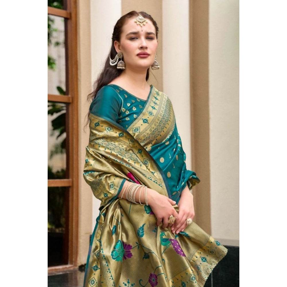 Generic Women's Silk Blend Paithani Weaving Saree With Unstitched Blouse 5.5Mtr (Rama) - MYLUXURY LANE ENTERPRISE